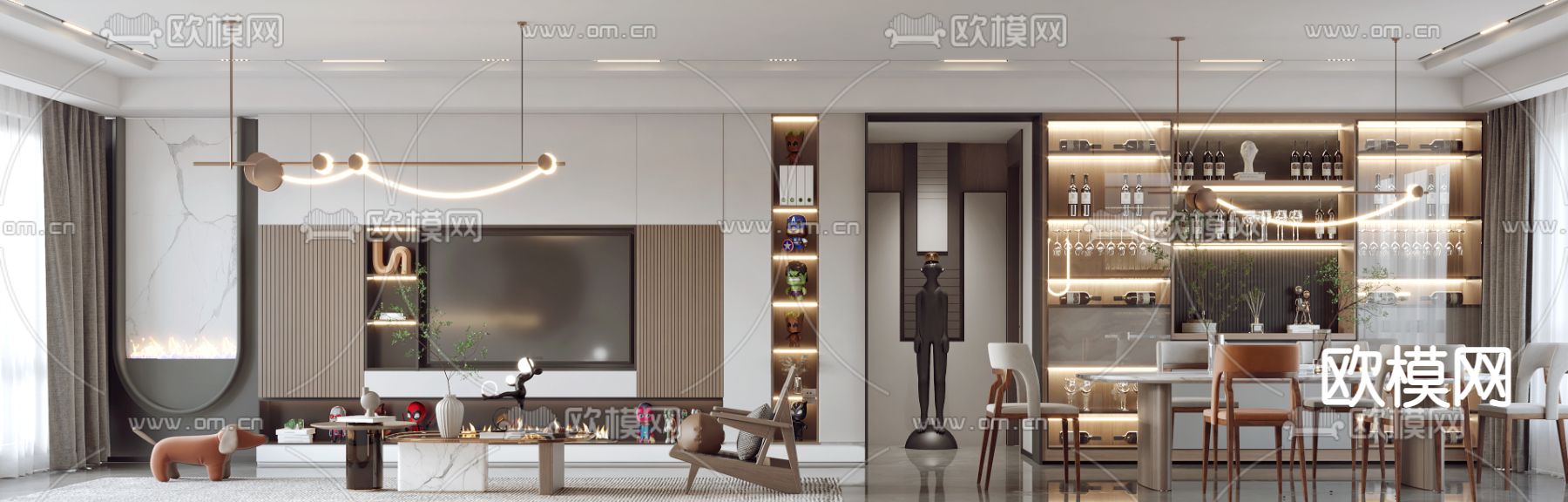 现代轻奢客厅餐厅3d模型下载（渲染图2）