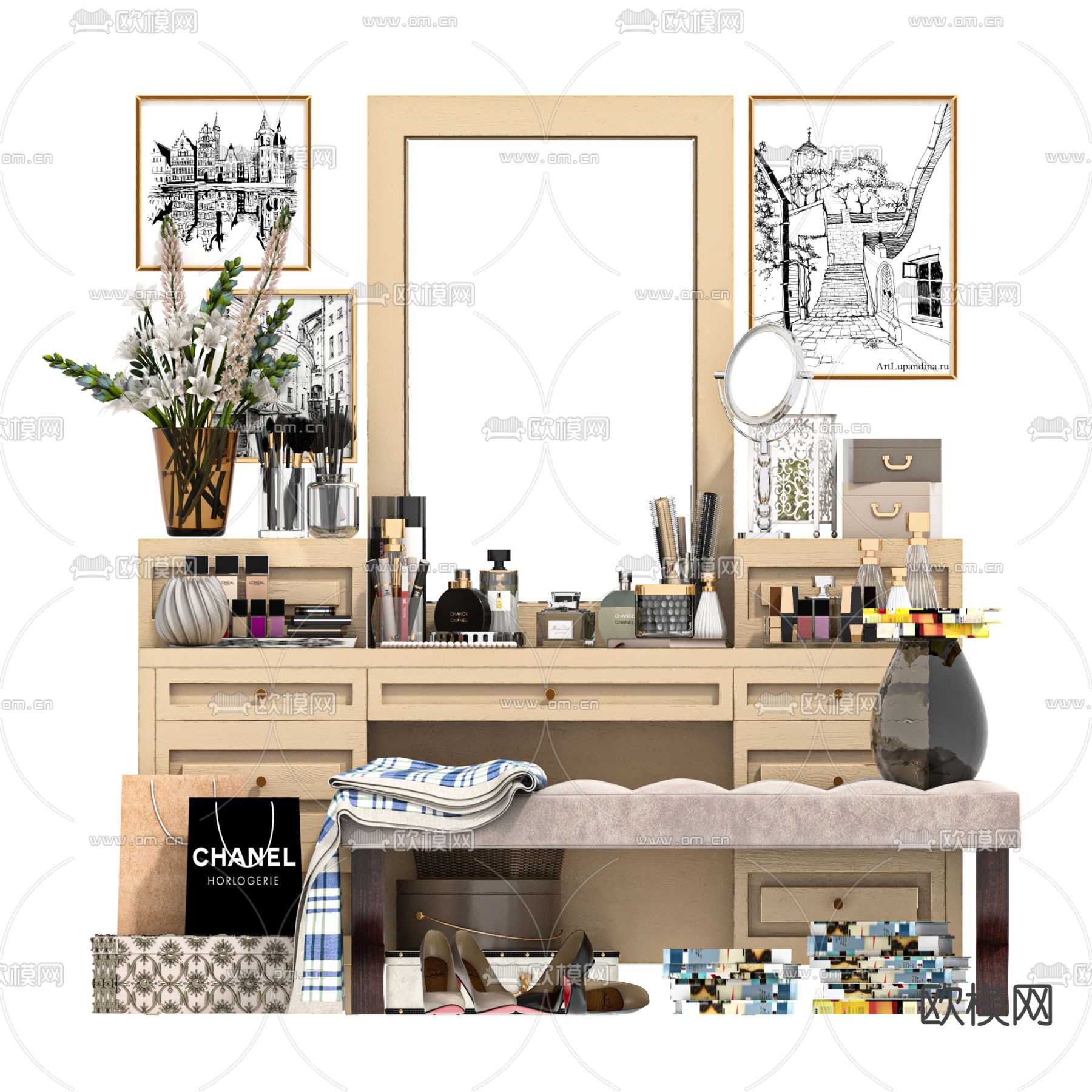 现代实木梳妆台3d模型下载