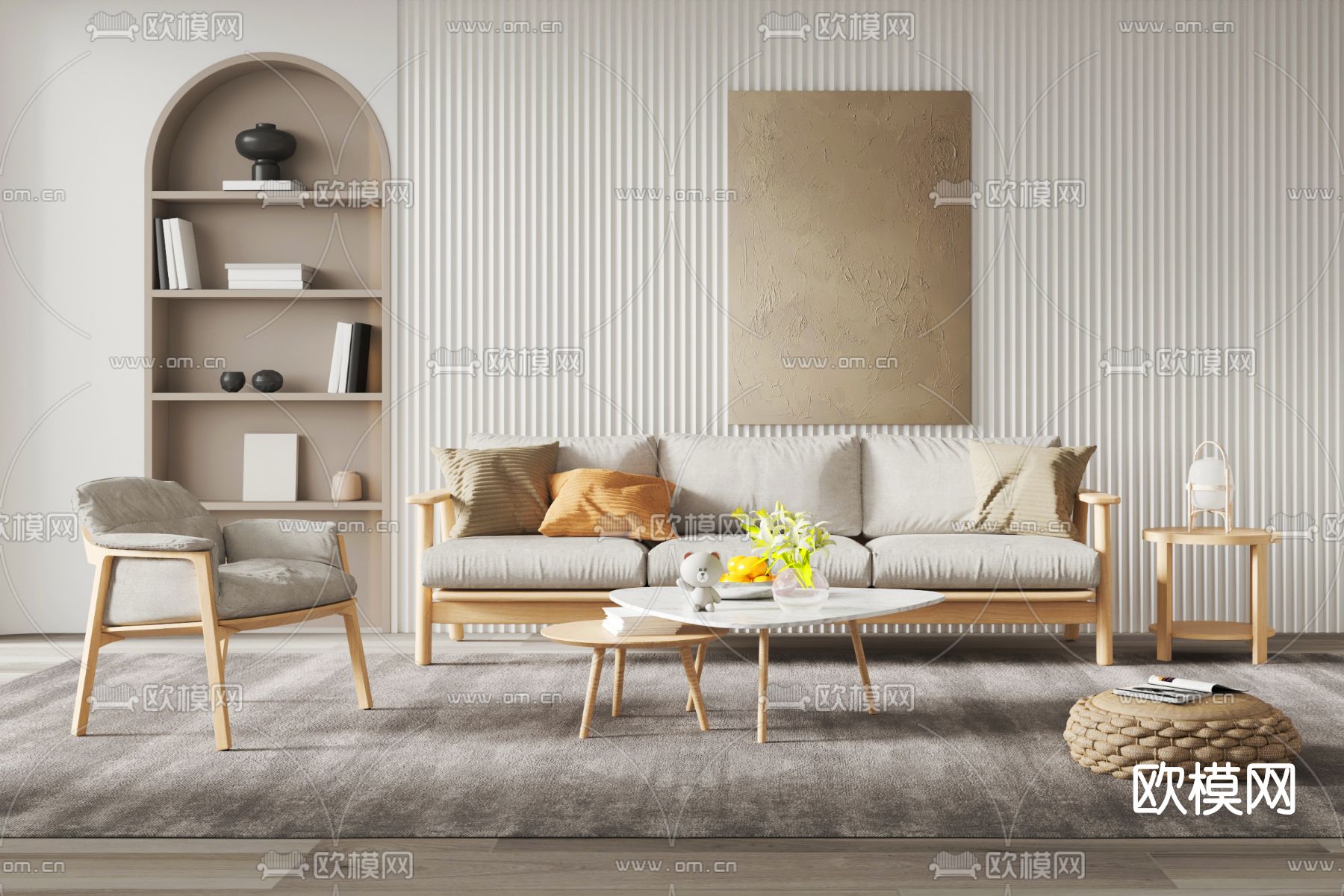 北欧布艺沙发组合su模型下载（渲染图1）