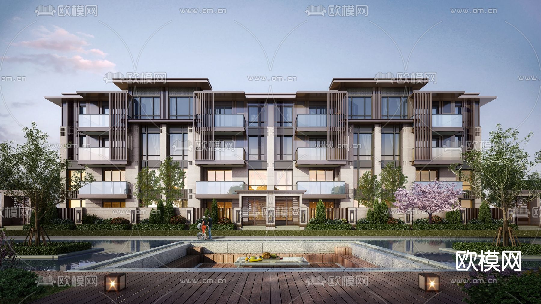 新中式联排别墅外观su模型下载（渲染图1）