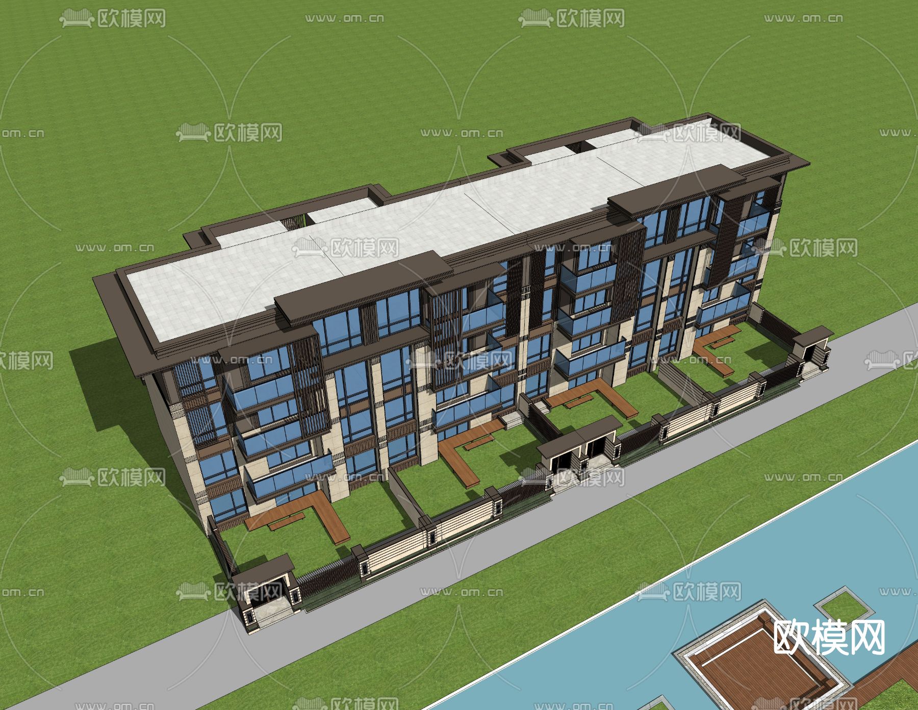 新中式联排别墅外观su模型下载（渲染图3）