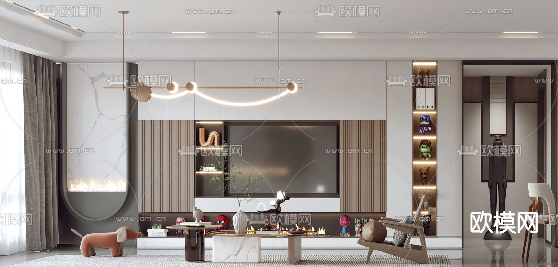 现代轻奢客厅餐厅3d模型下载（渲染图3）