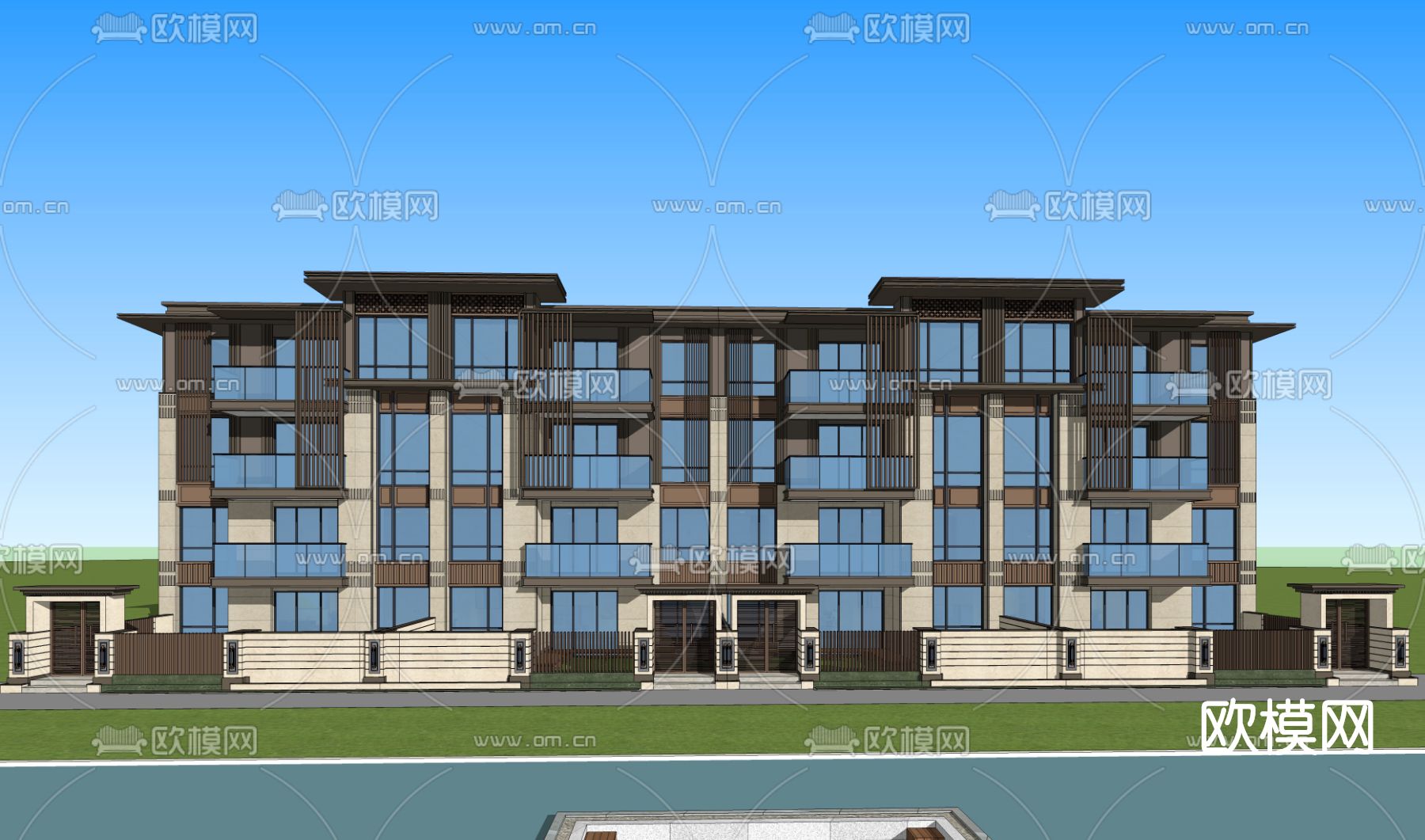 新中式联排别墅外观su模型下载（渲染图2）