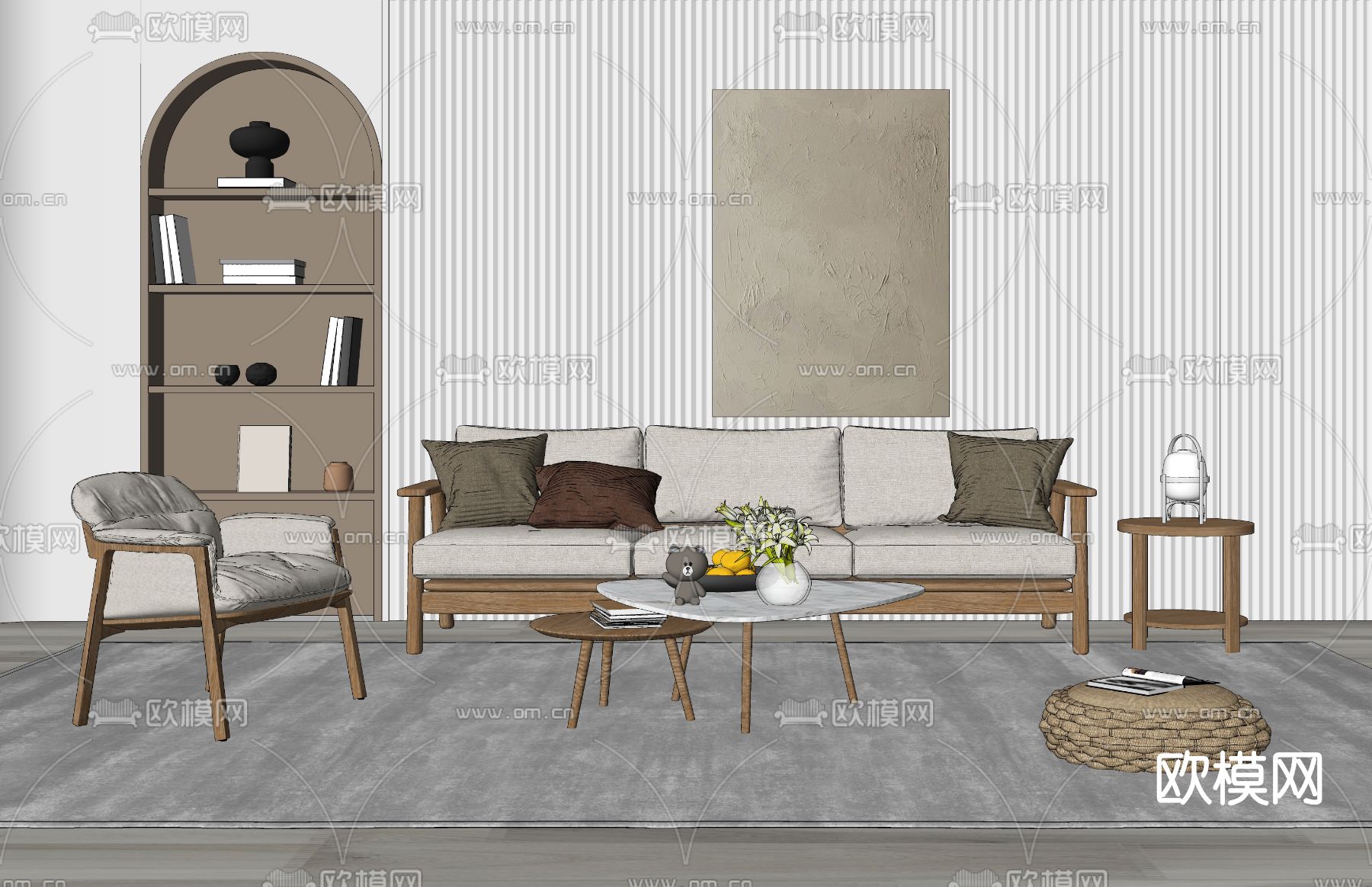 北欧布艺沙发组合su模型下载（渲染图2）