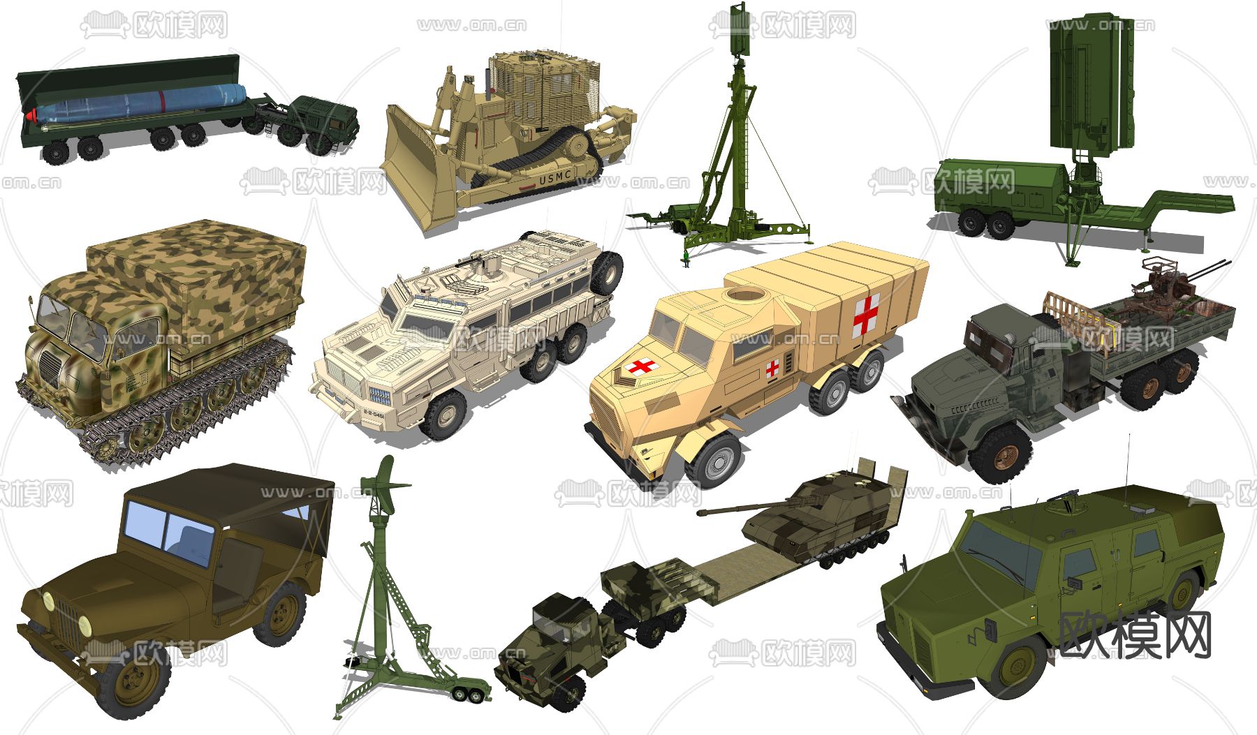 现代军车雷达军事器材su模型下载