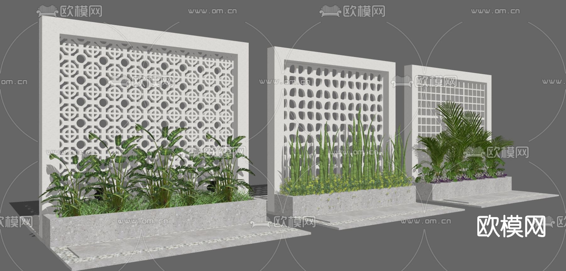 现代植物景墙su模型下载（渲染图1）