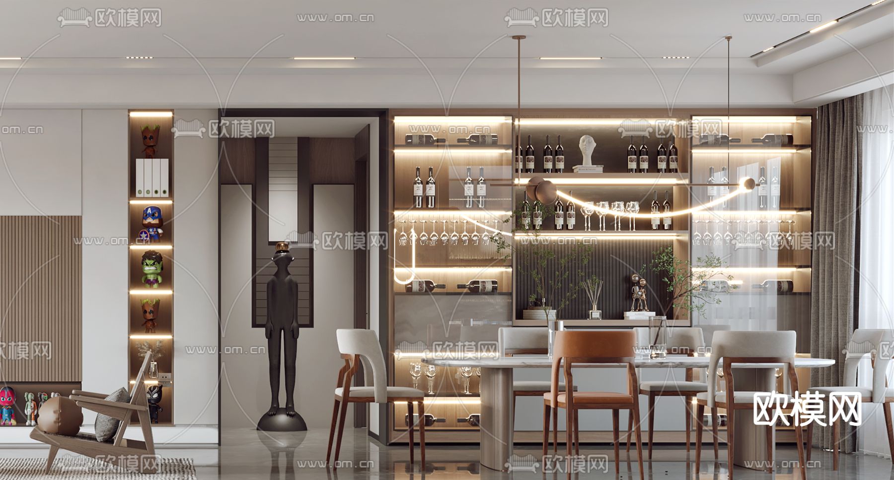 现代轻奢客厅餐厅3d模型下载（渲染图4）