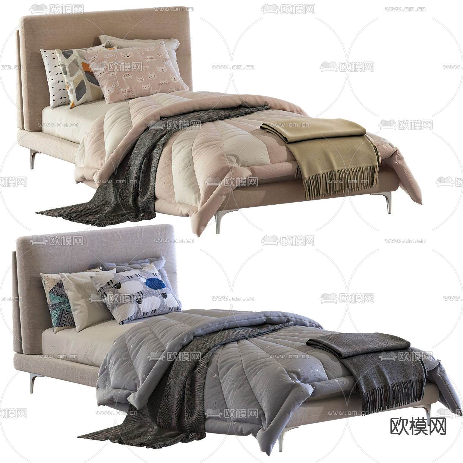 现代布艺单人床3d模型下载