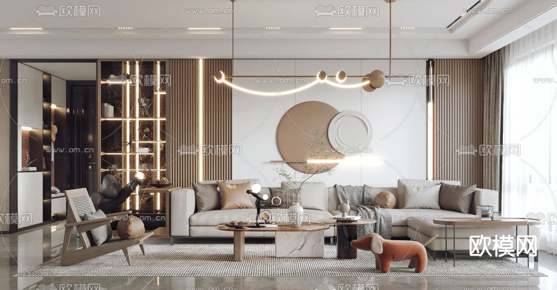 现代轻奢客厅餐厅3d模型下载（渲染图1）