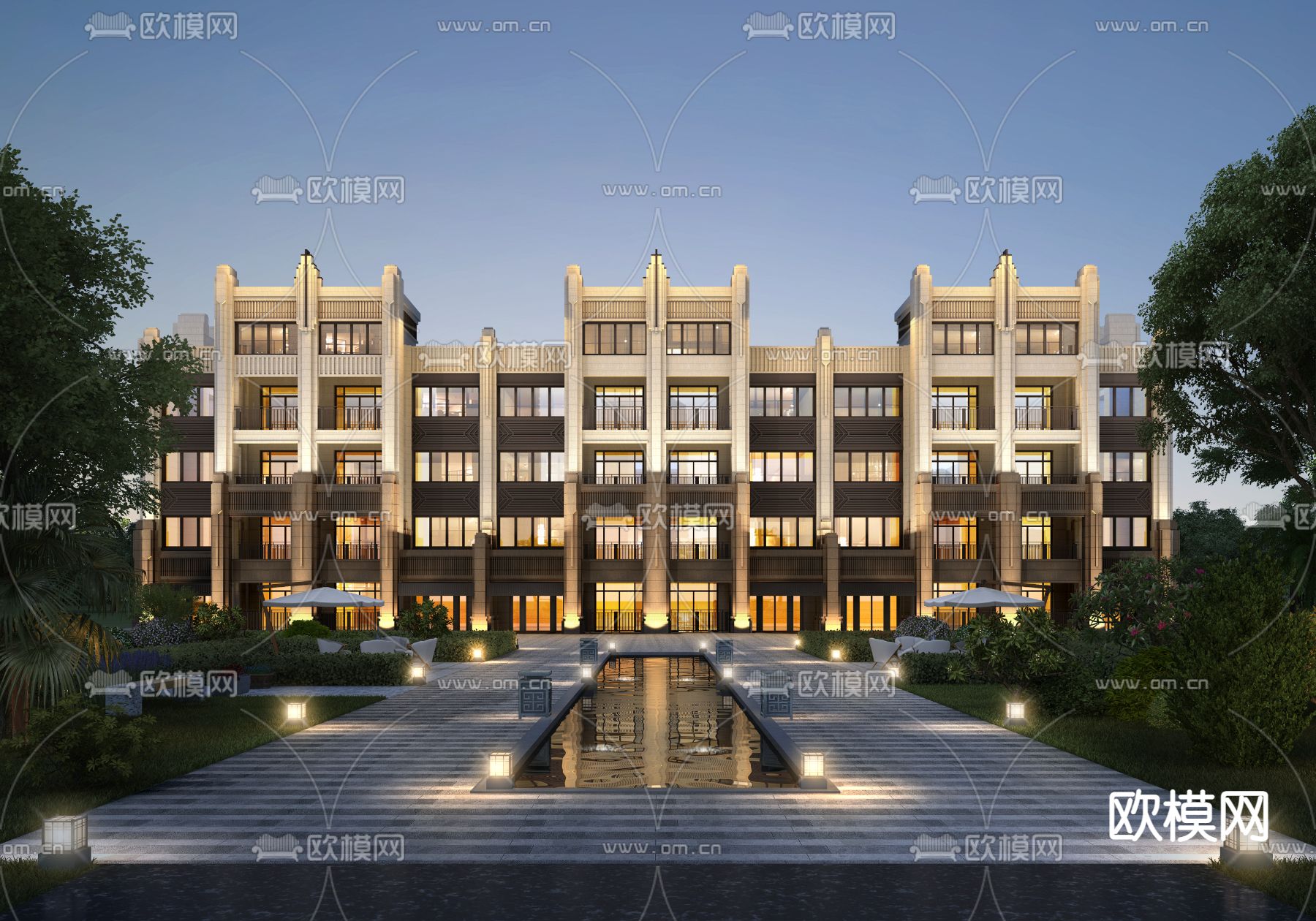 新古典联排别墅外观夜景3d模型下载