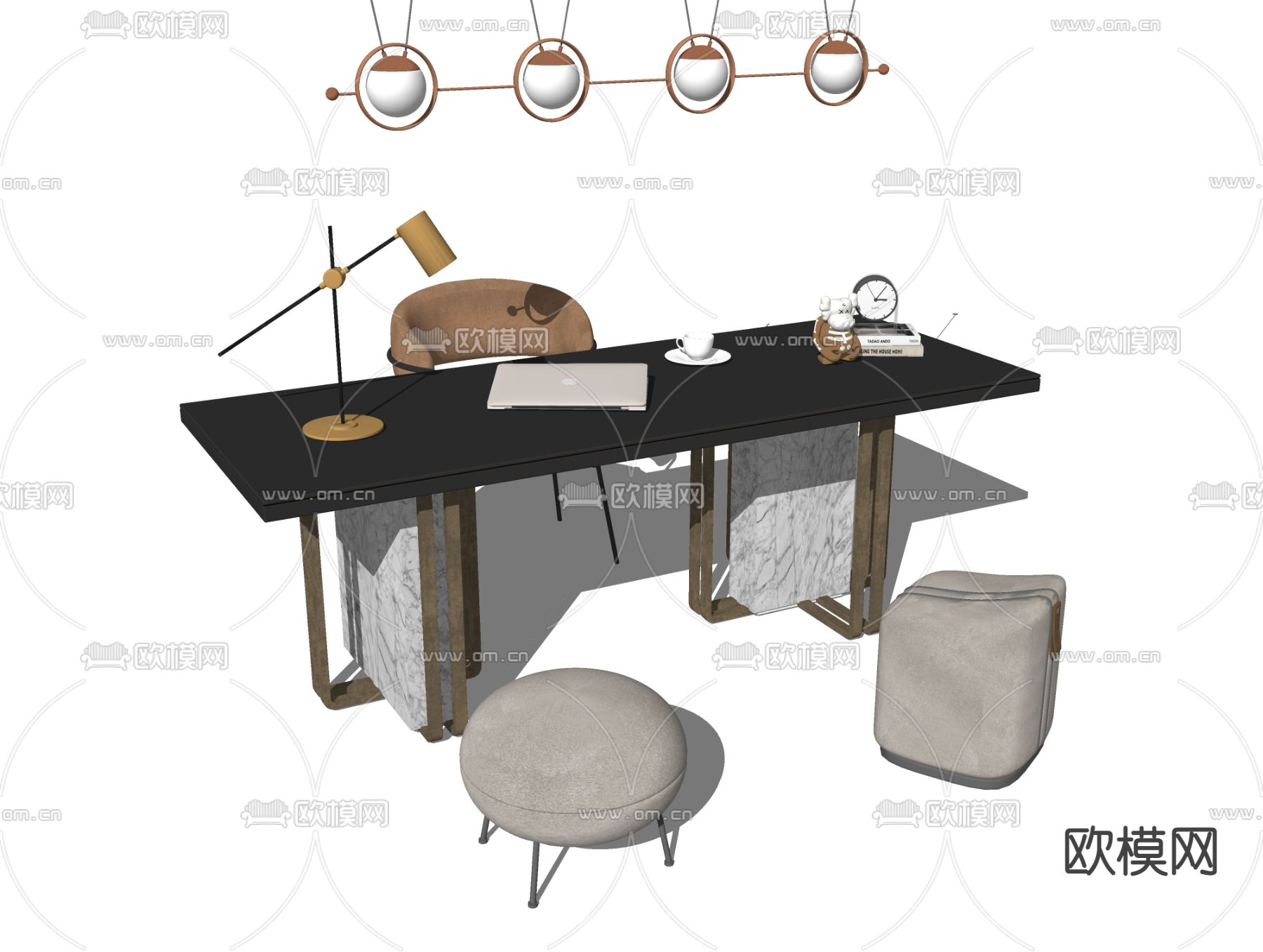 现代轻奢书桌椅su模型下载（渲染图2）