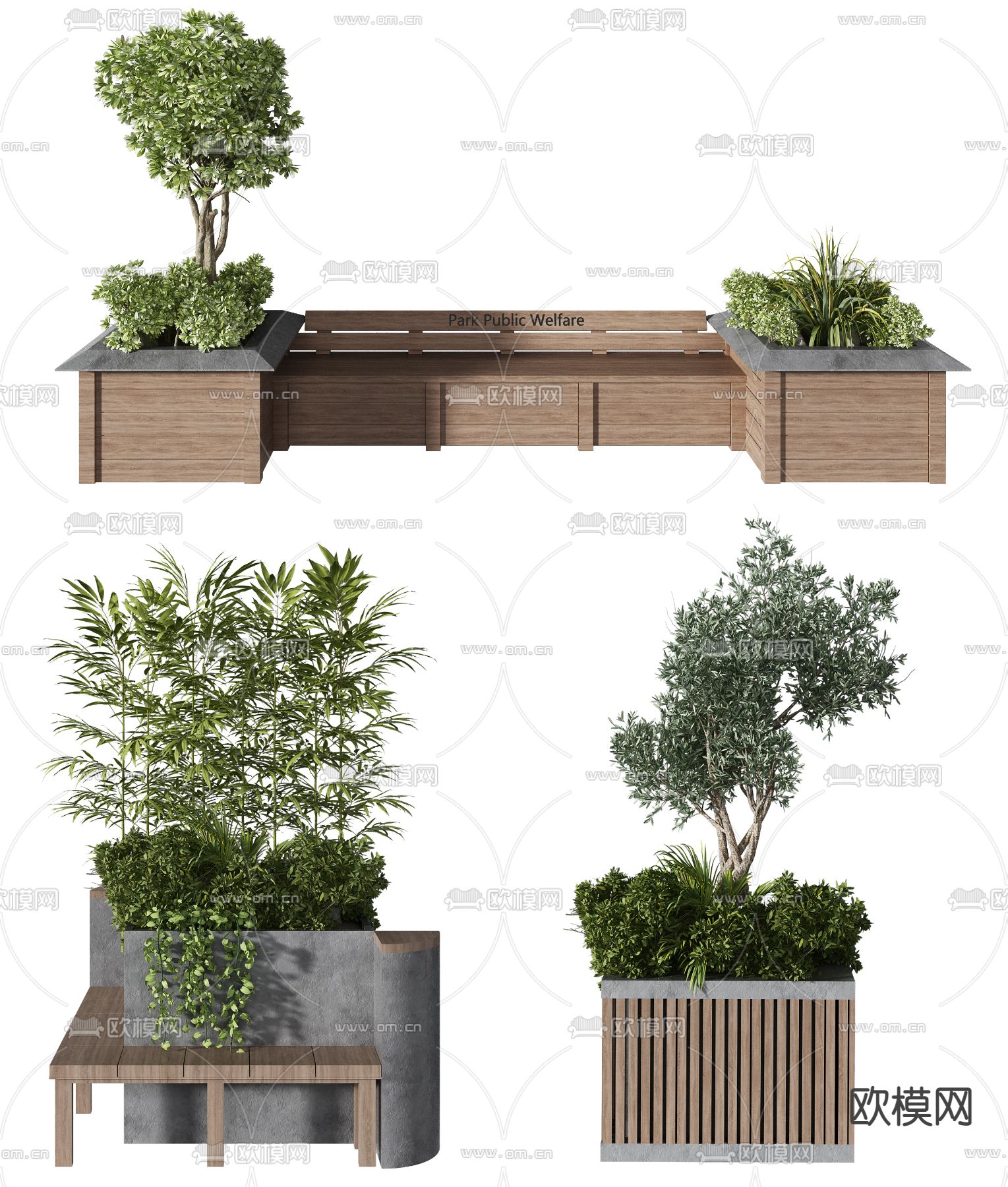 现代绿植花坛户外公共椅3d模型下载