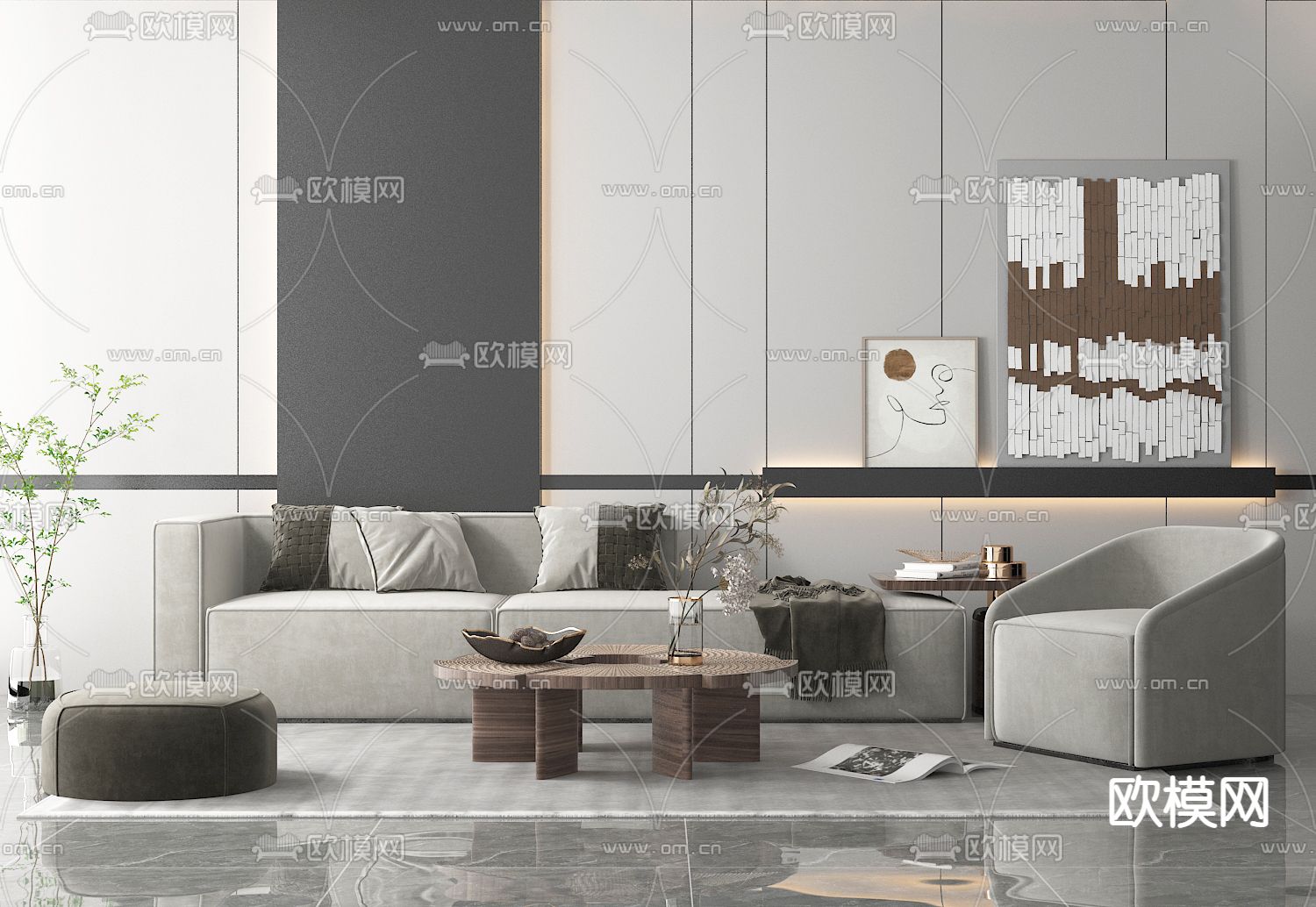 现代布艺沙发组合3d模型下载