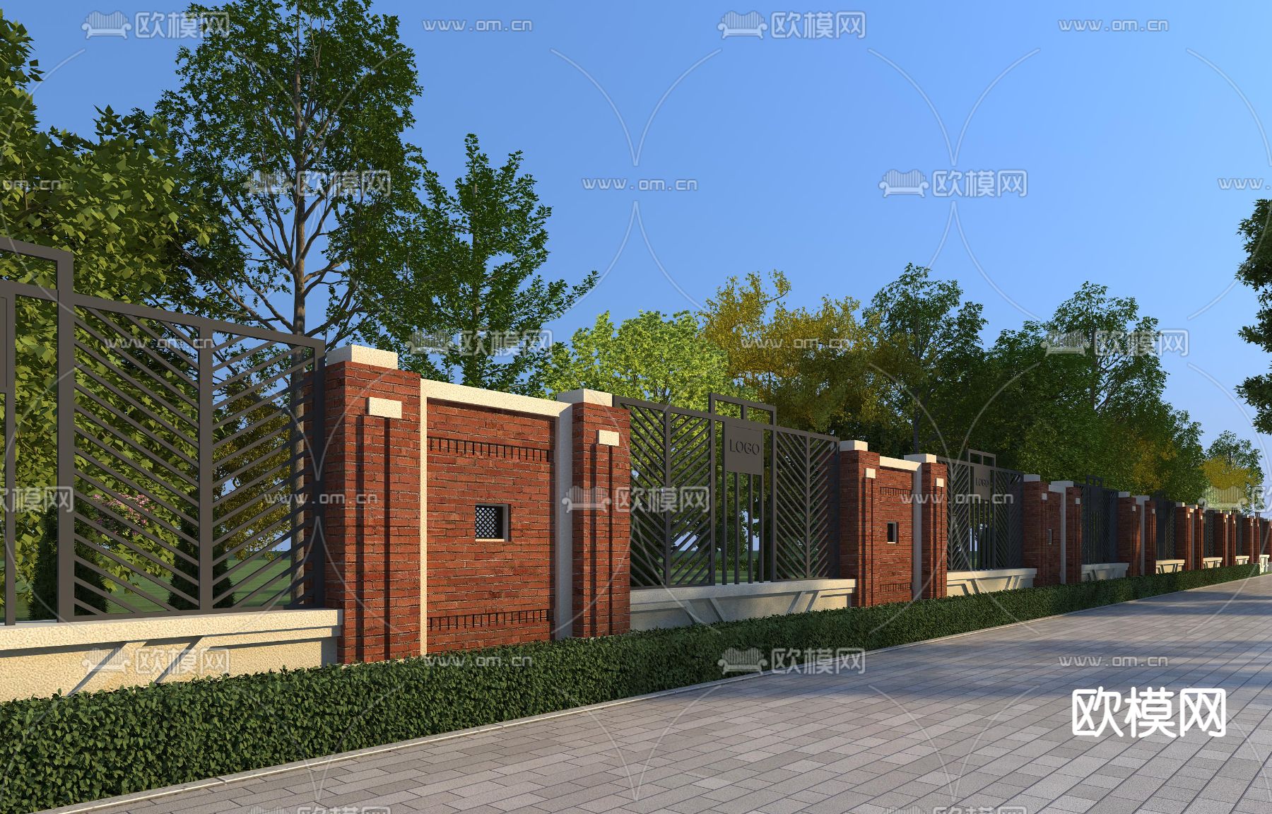 简欧红砖庭院围墙3d模型下载