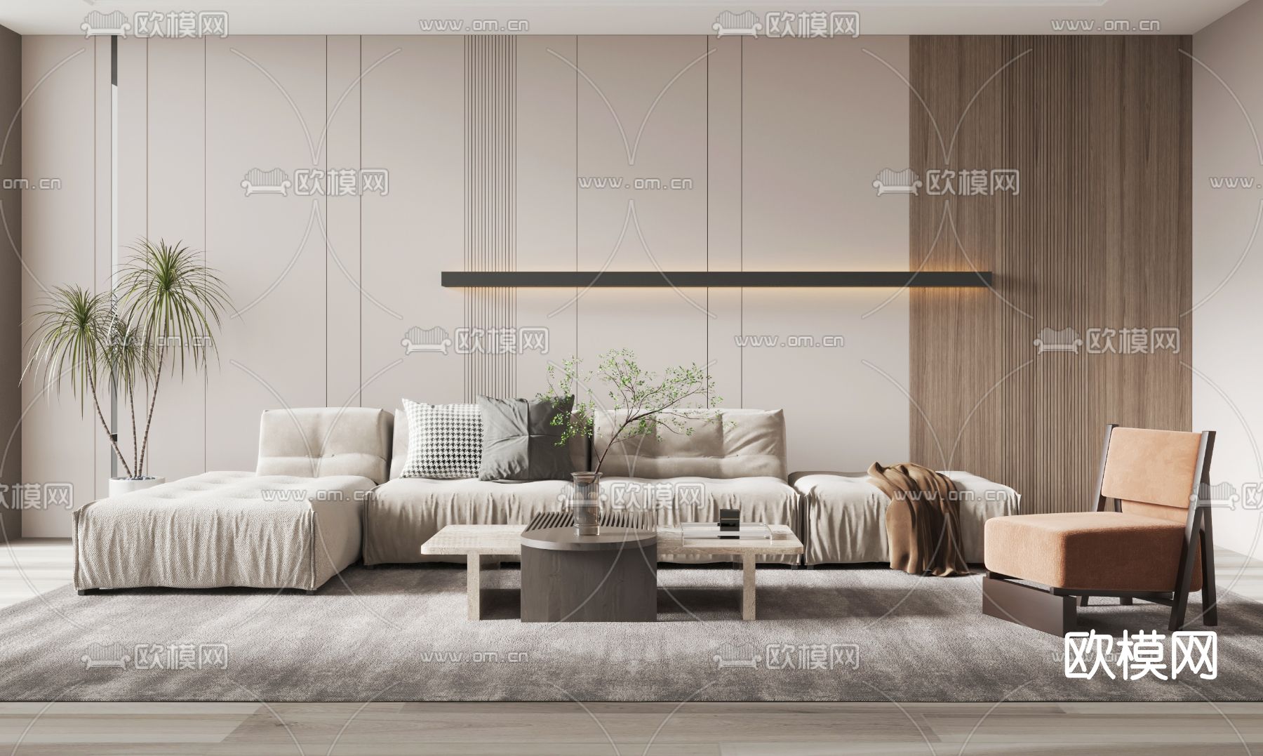 侘寂风布艺沙发组合su模型下载（渲染图1）