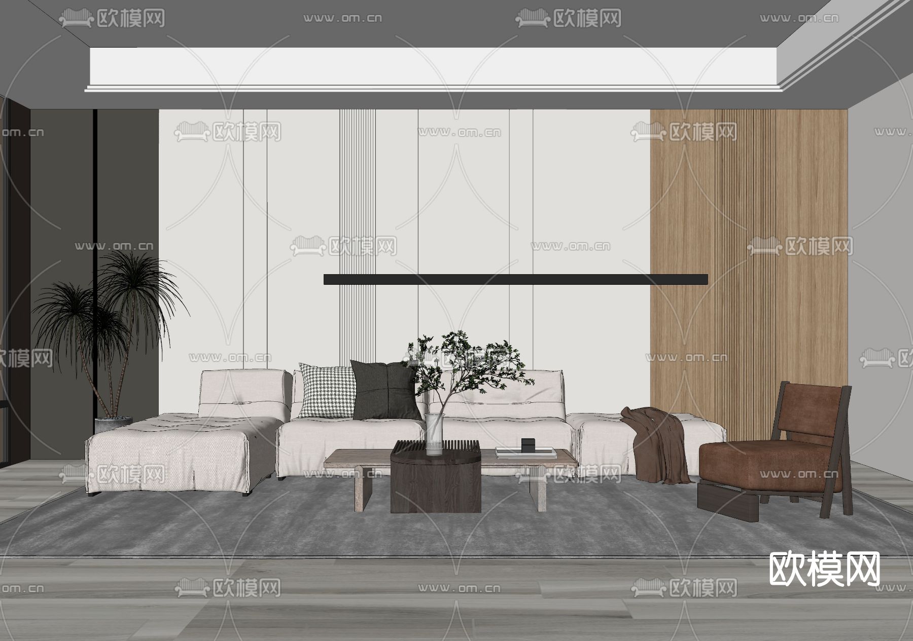 侘寂风布艺沙发组合su模型下载（渲染图2）