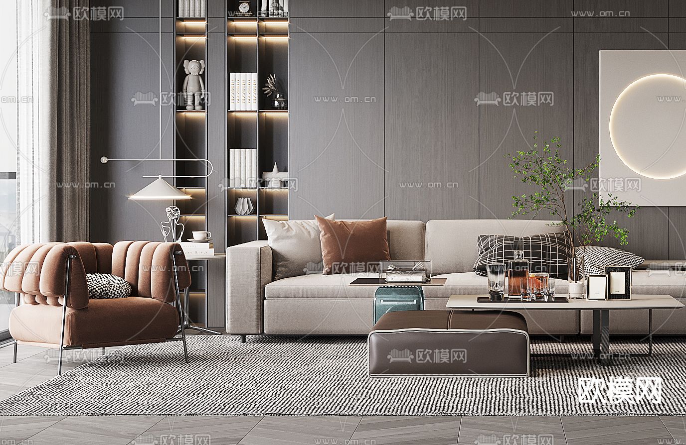 现代布艺沙发组合3d模型下载（渲染图2）