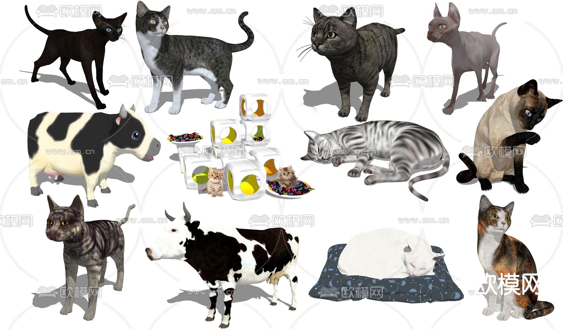 现代动物猫奶牛su模型