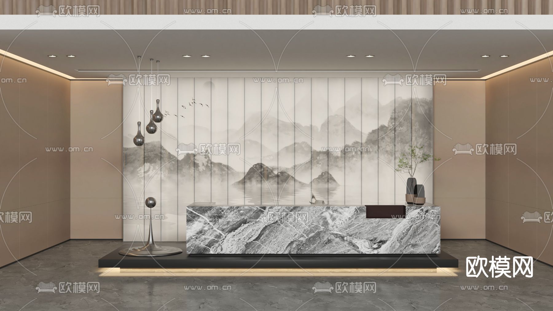 新中式办公室前台su模型下载（渲染图1）