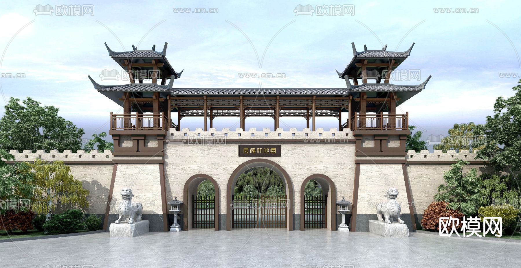 中式古建城墙门楼3d模型下载