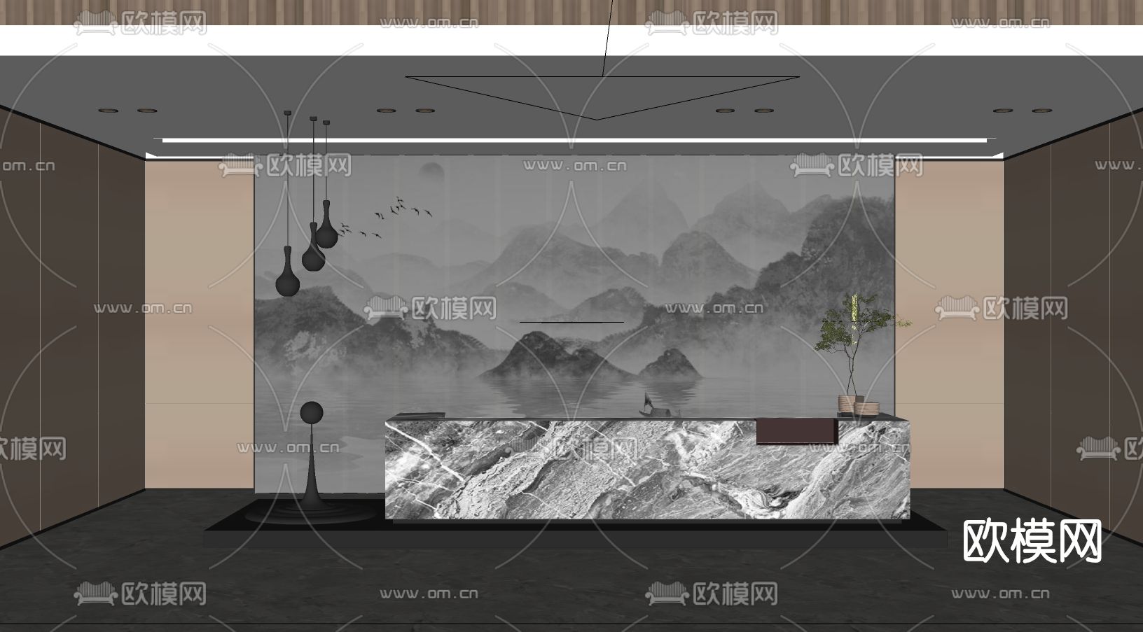 新中式办公室前台su模型下载（渲染图2）