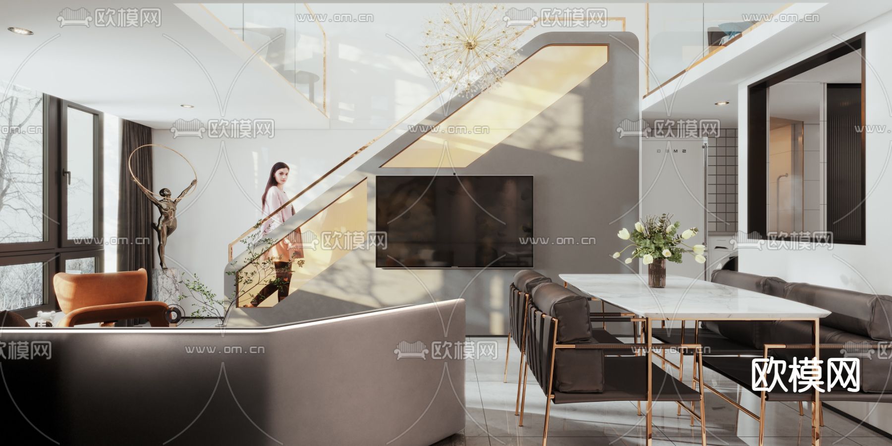 现代轻奢复式公寓3d模型下载（渲染图2）