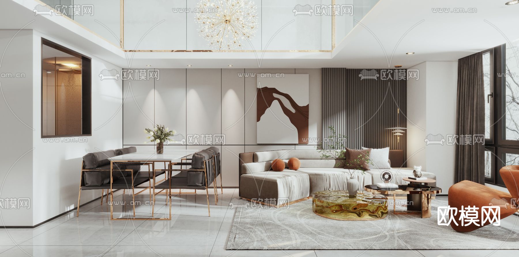 现代轻奢复式公寓3d模型下载（渲染图1）