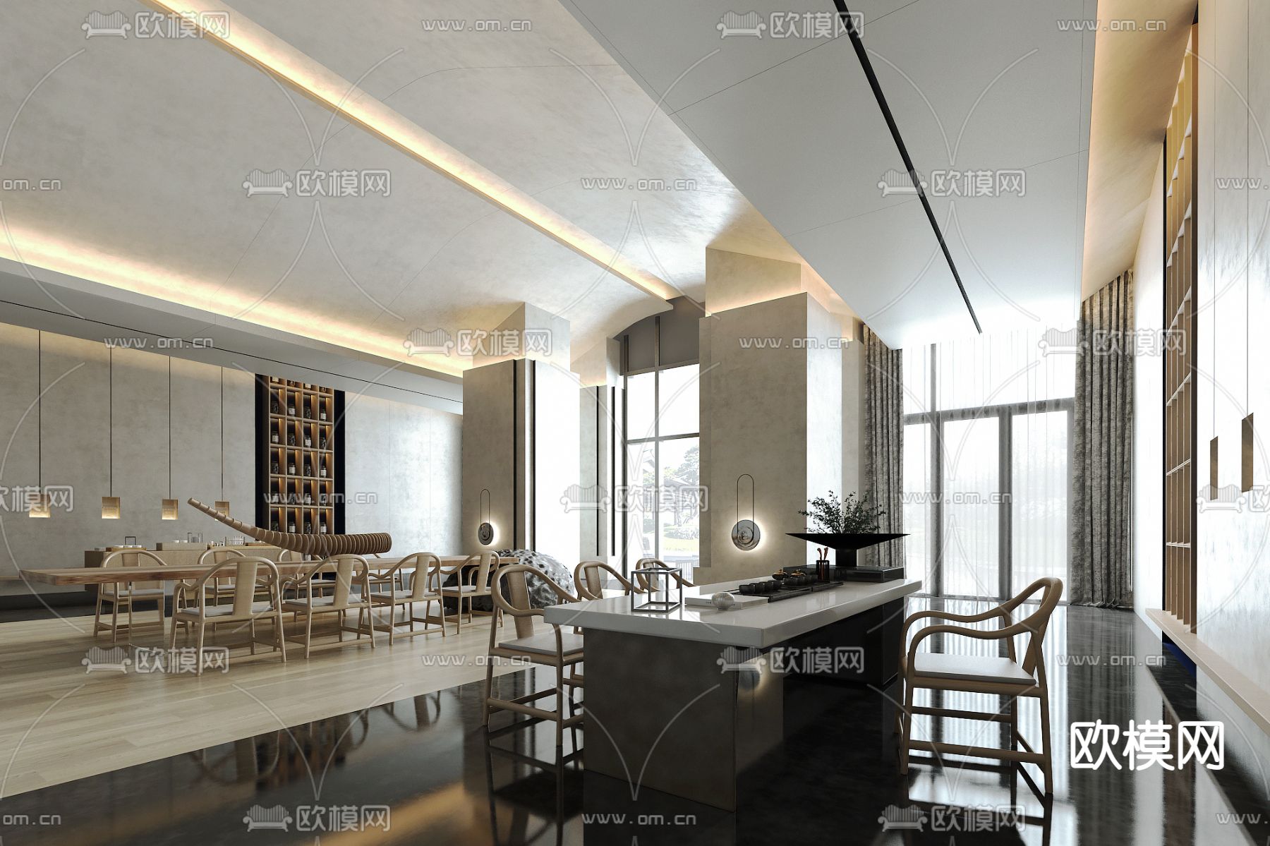 海力设计 新中式茶室会客厅3d模型下载_ID11495396_3dmax免费模型-欧模网