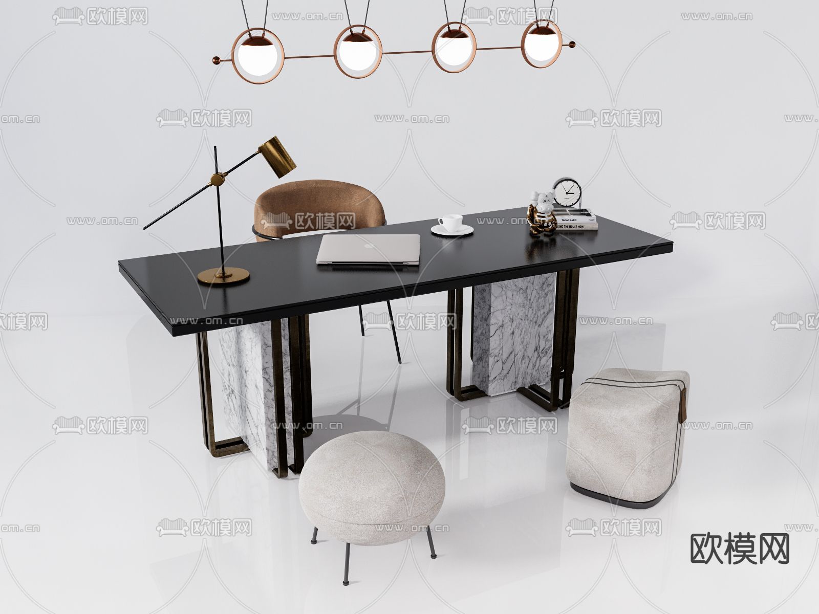 现代轻奢书桌椅su模型下载（渲染图1）