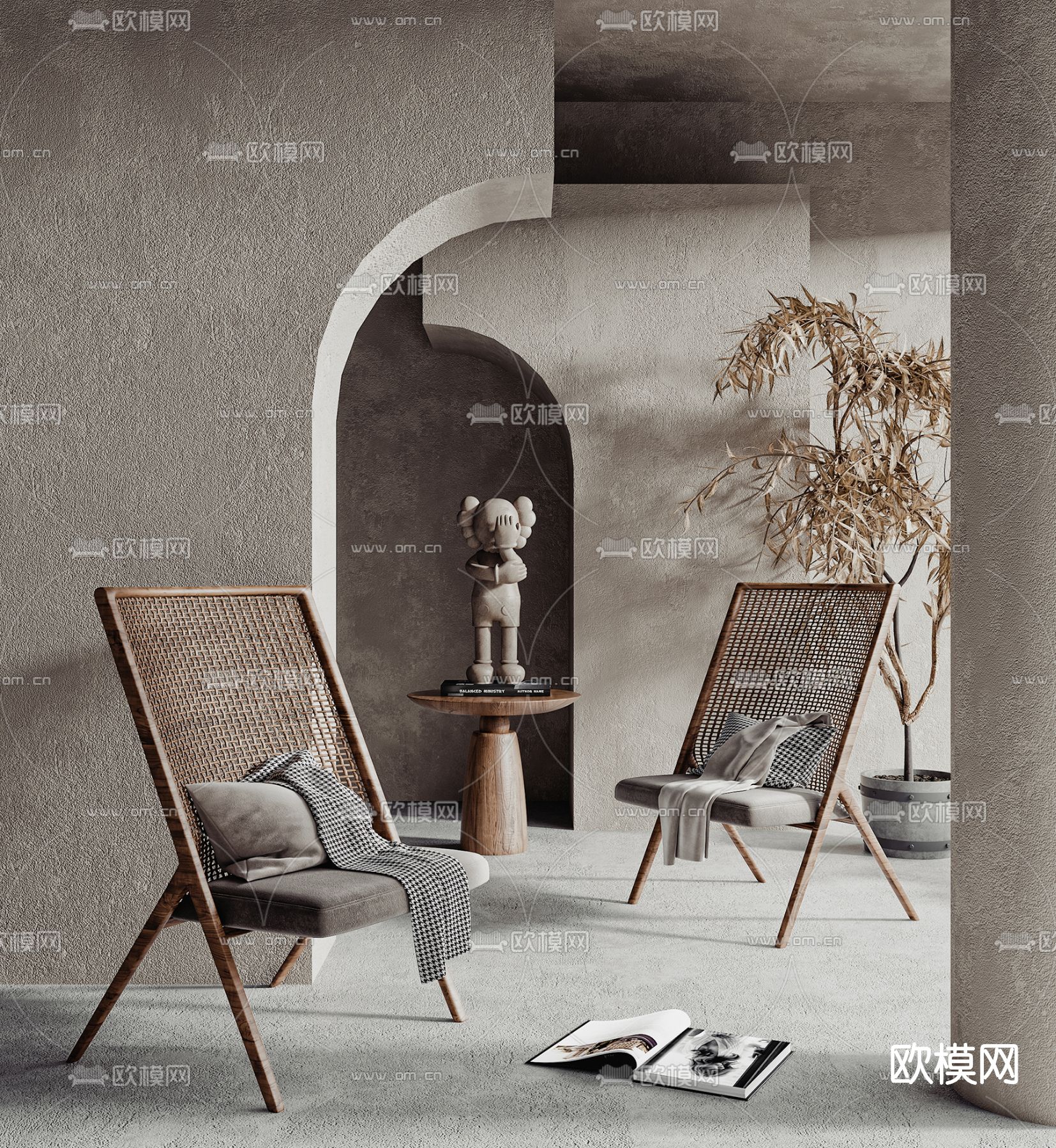 侘寂藤编休闲椅3d模型下载