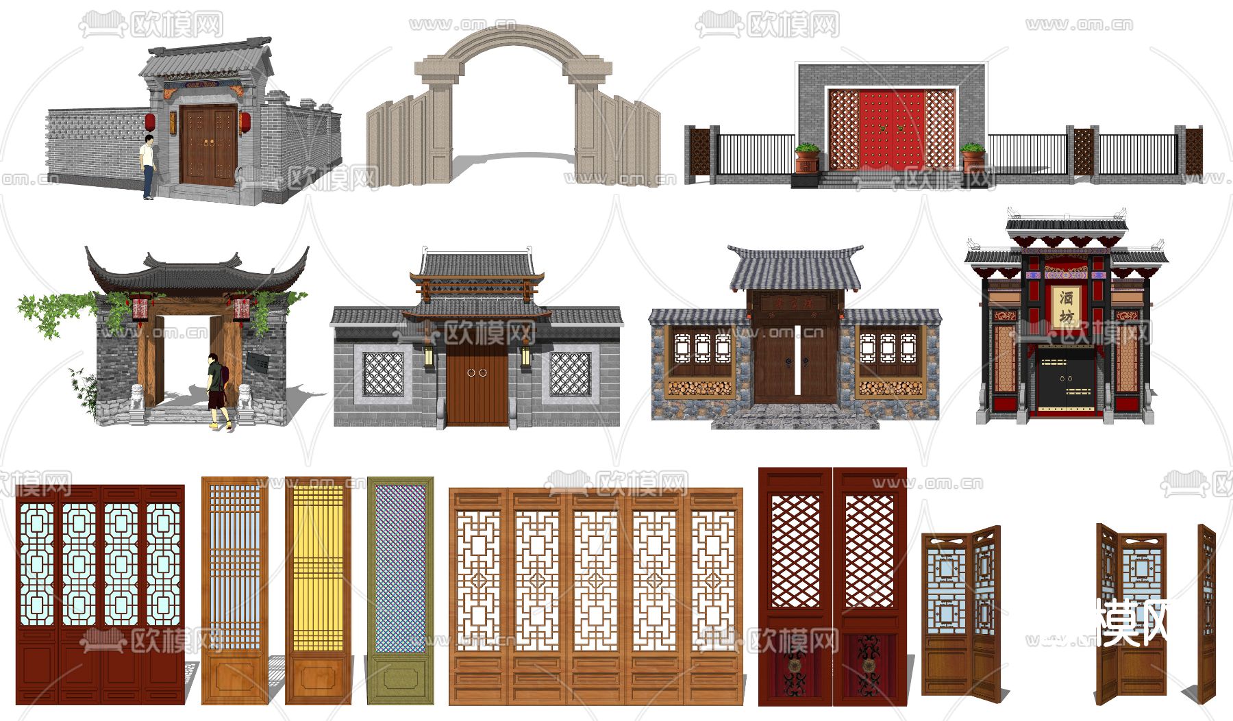 中式庭院大门su模型下载