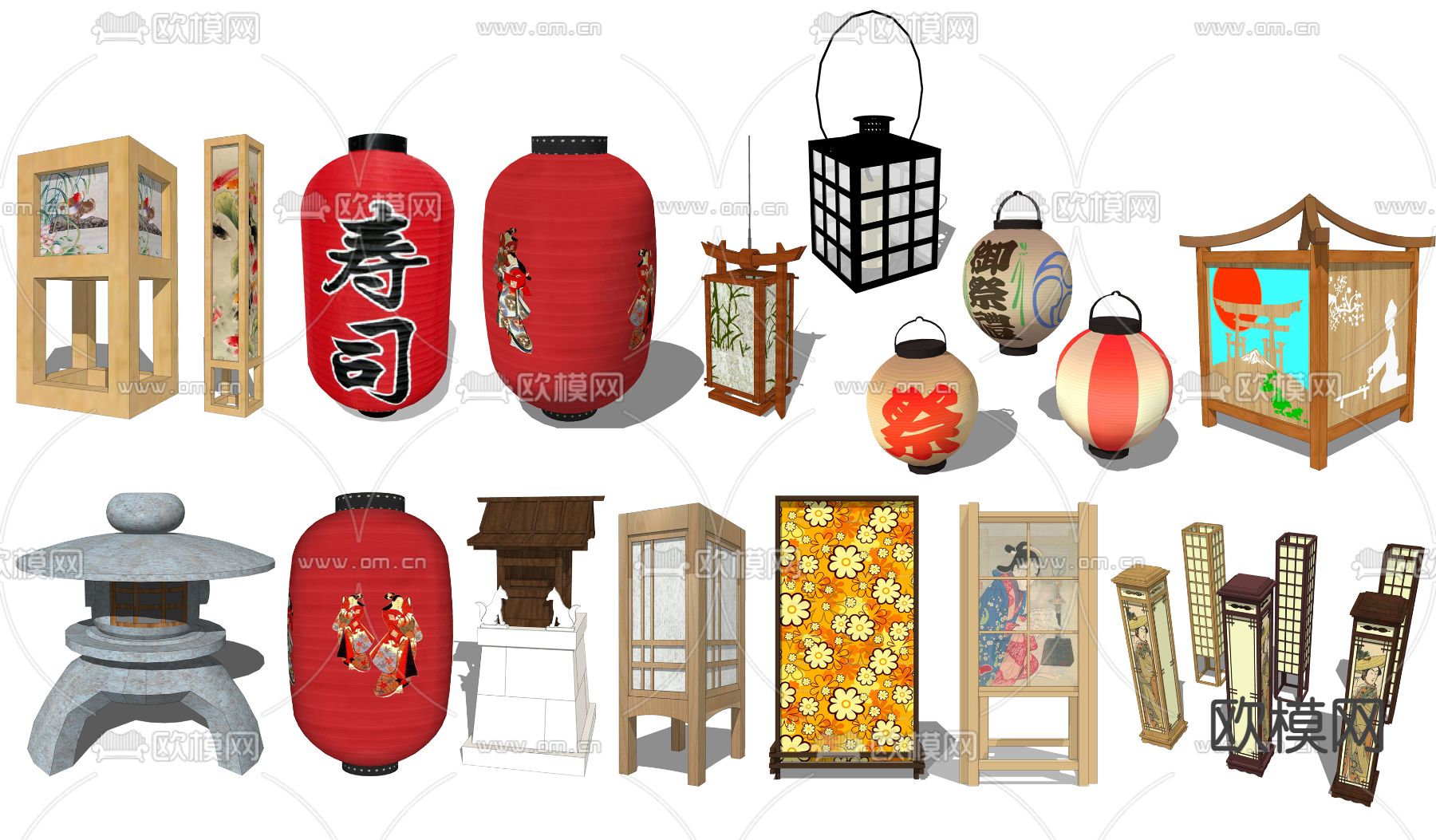 日式吊灯庭院石灯落地灯su模型下载