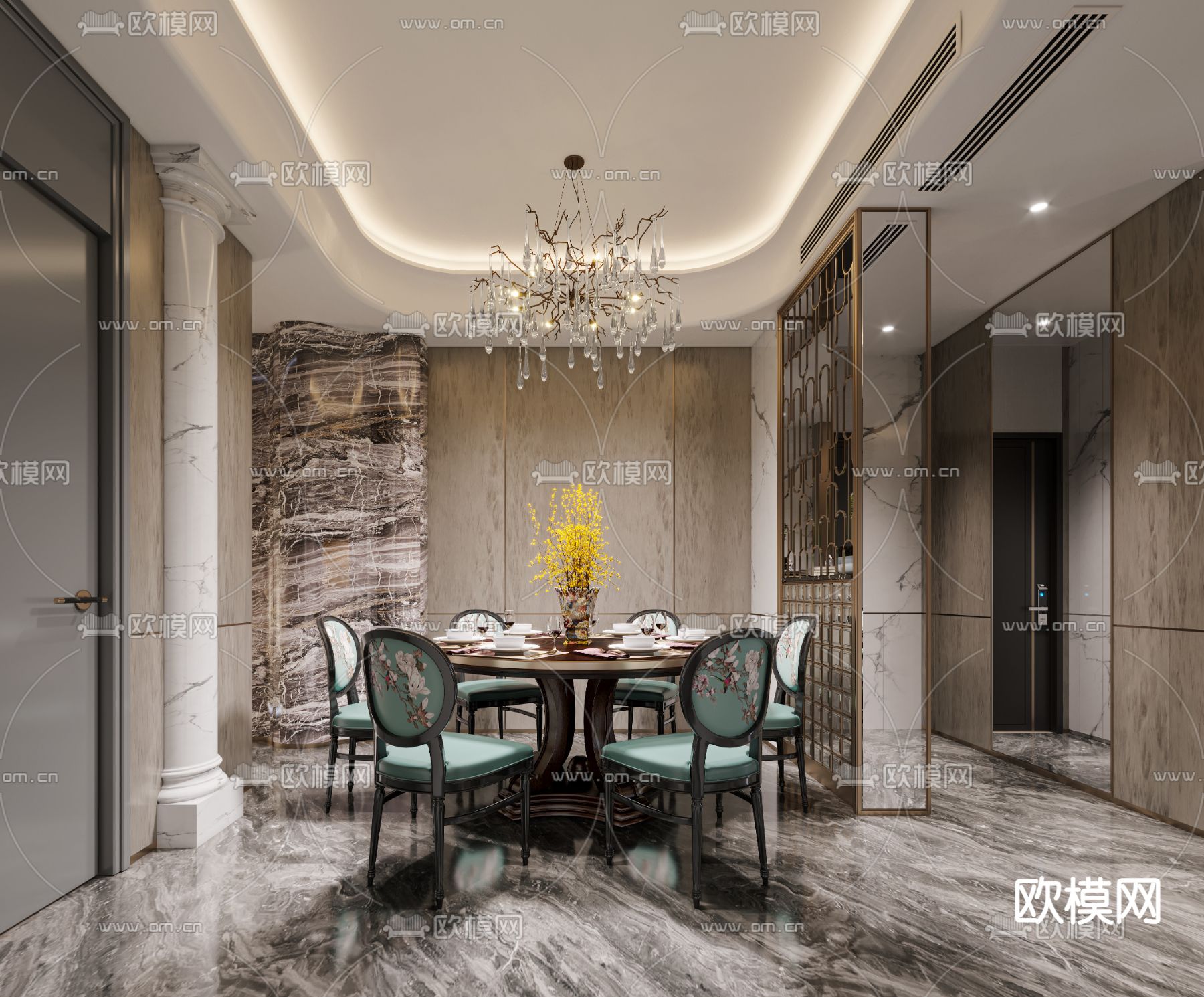 后现代轻奢客厅餐厅3d模型