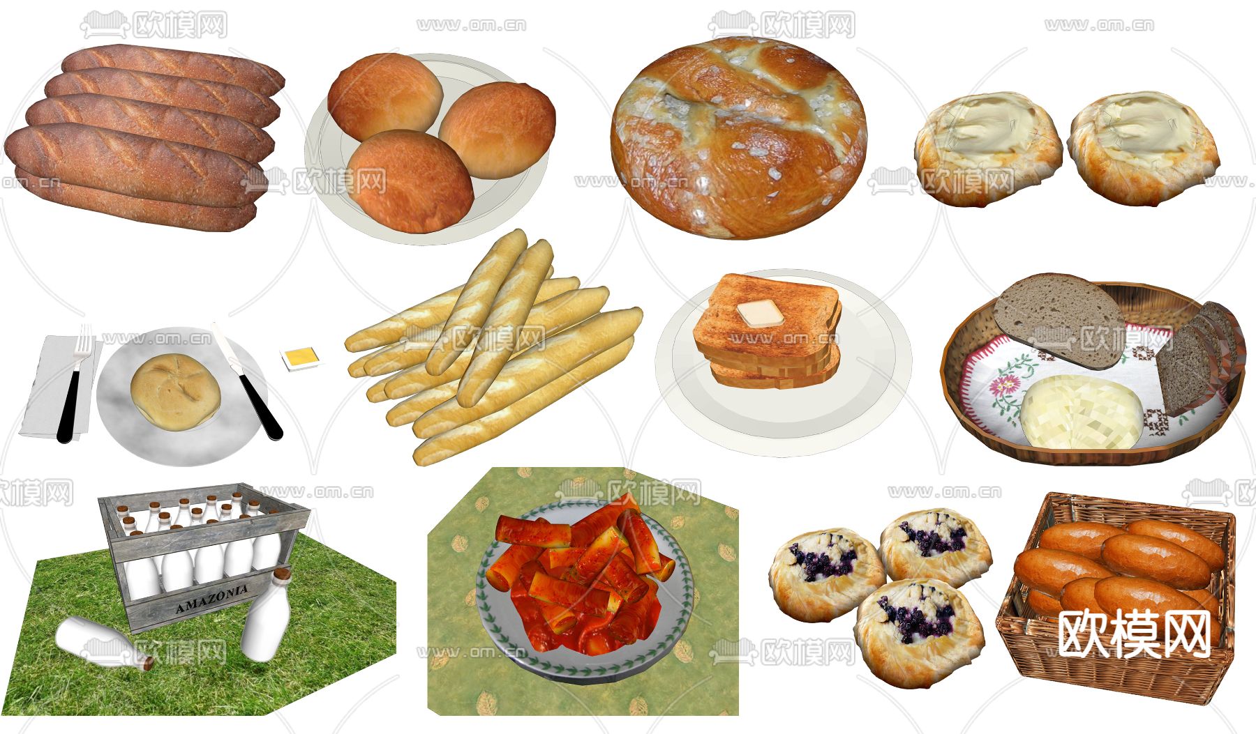 现代食物面包年糕牛奶su模型下载