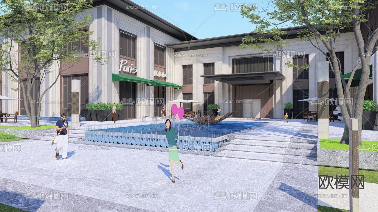 新中式售楼处外观su模型下载（渲染图1）