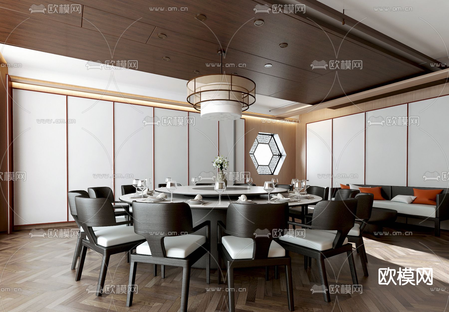 惟思设计 新中式餐厅包房3d模型下载（渲染图1）