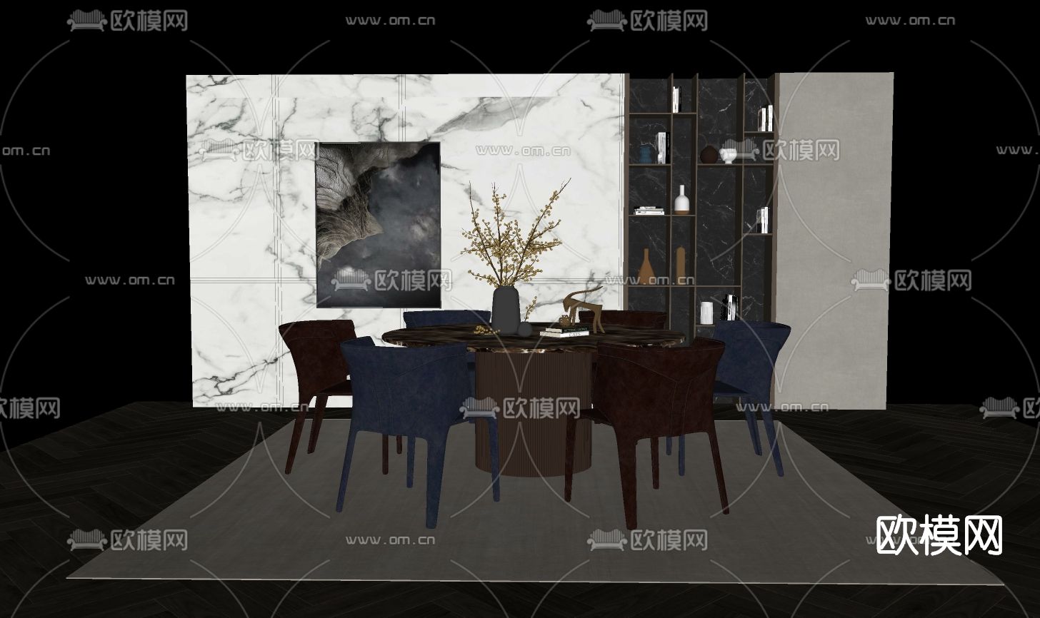 现代圆形餐桌椅su模型下载