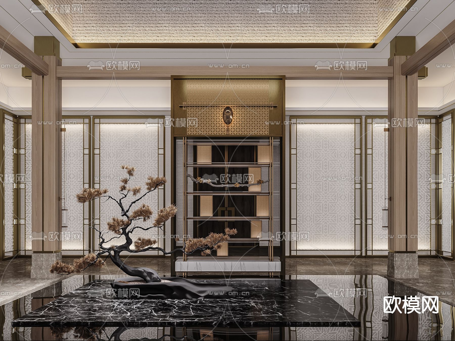 新中式酒店大堂中庭3d模型