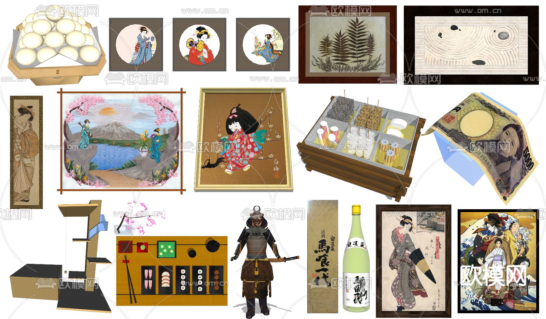 日式挂画装饰品摆件su模型下载