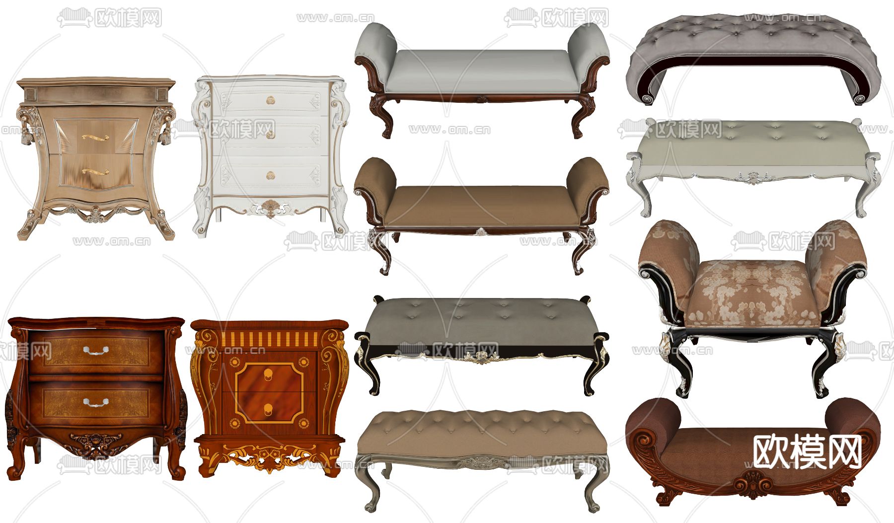 欧式宫廷风床前凳床头柜床尾凳su模型下载