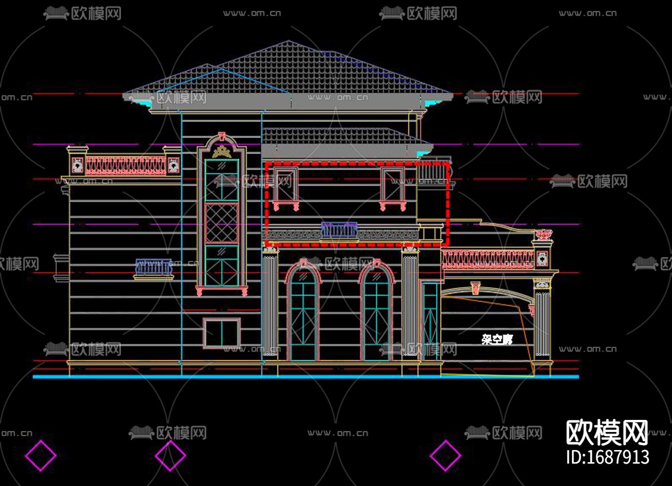 欧式别墅cad建筑图下载（渲染图2）
