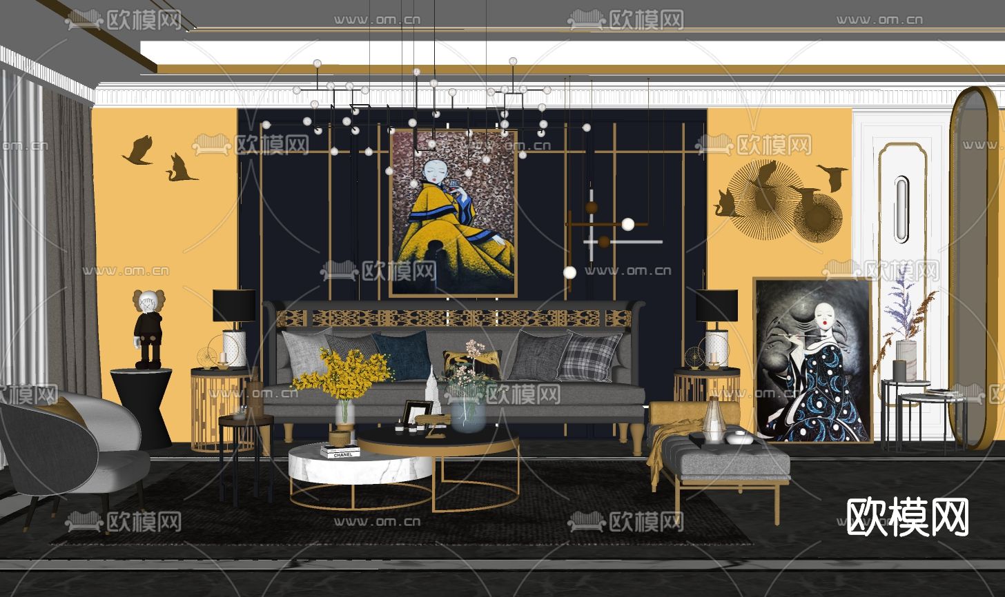 现代轻奢布艺沙发组合su模型下载