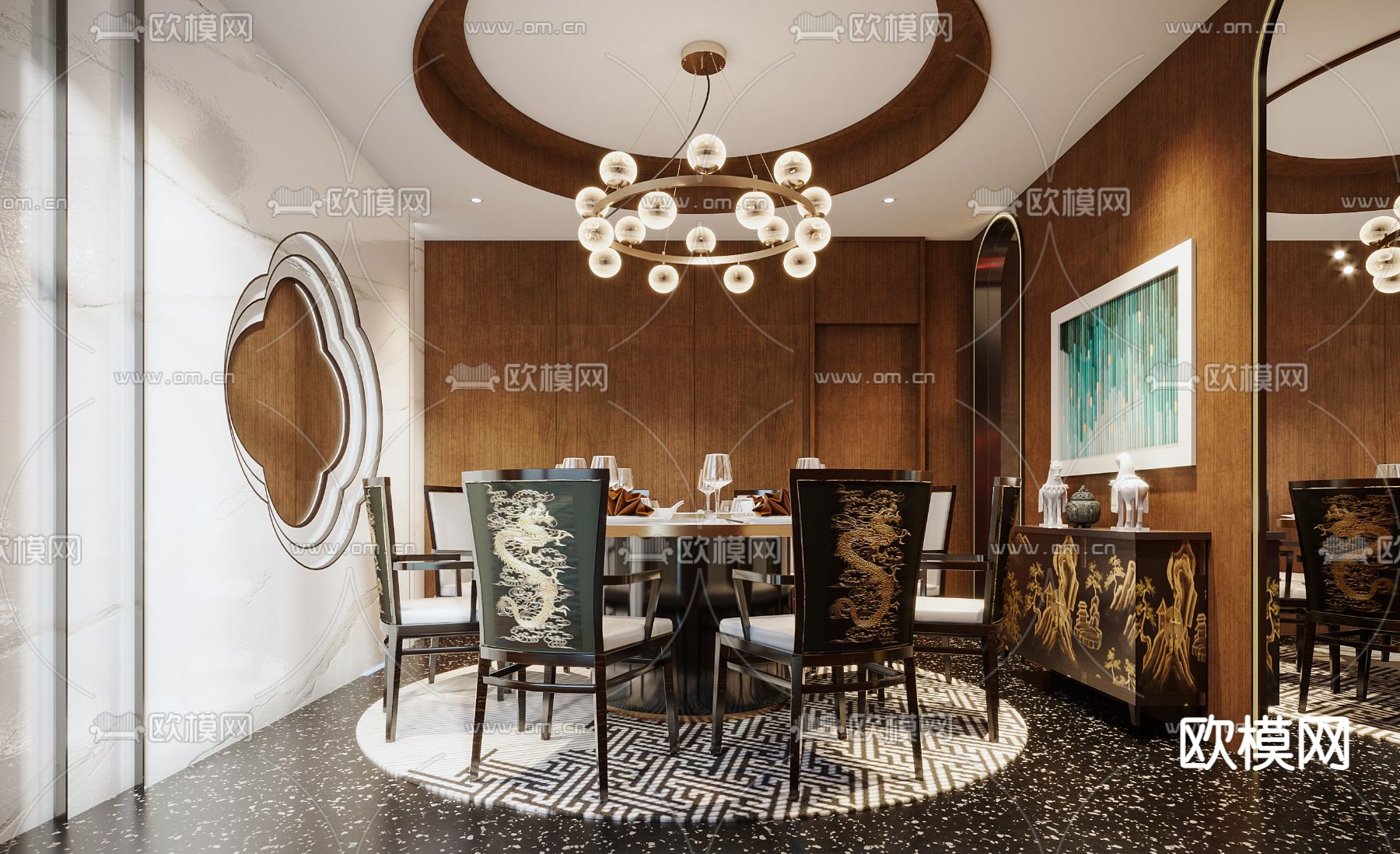 新中式餐厅包间3d模型下载