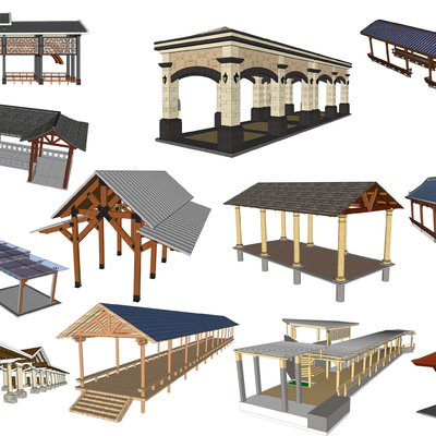  新中式亭子凉亭长廊su模型 