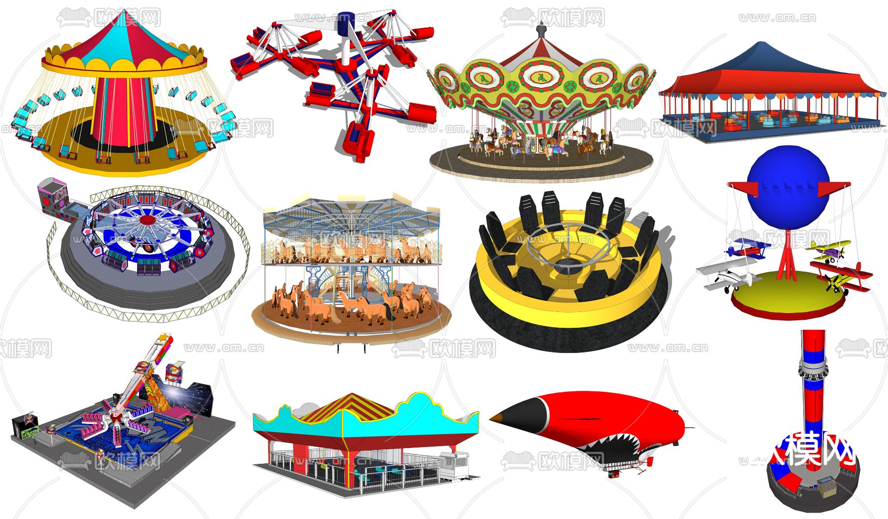 现代旋转木马游乐设施su模型下载