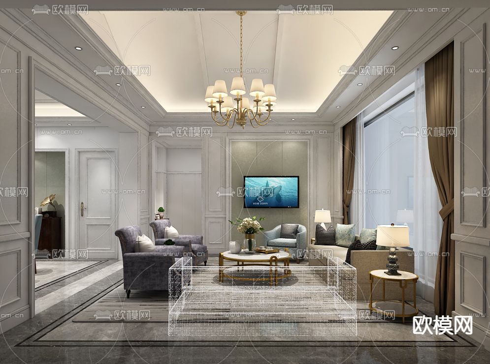 简欧客餐厅免费3d模型下载（渲染图1）