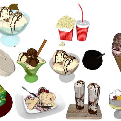  现代包子爆米花饮料冰淇淋su模型 