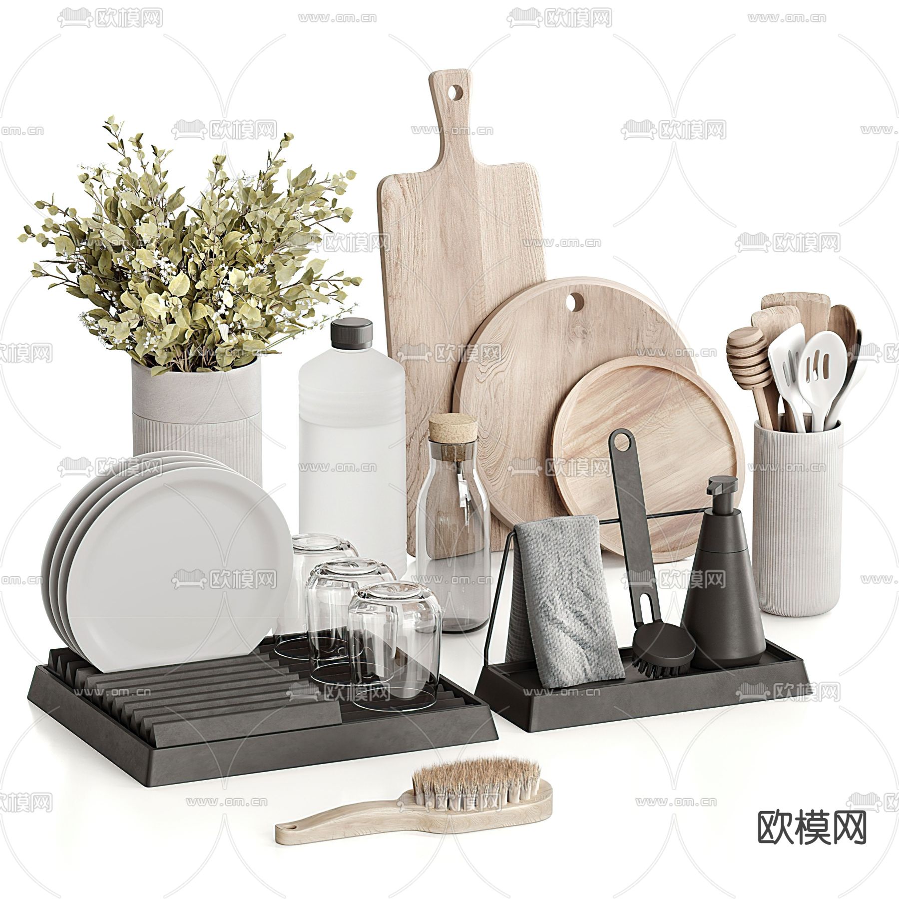 现代碗碟砧板厨房器具3d模型