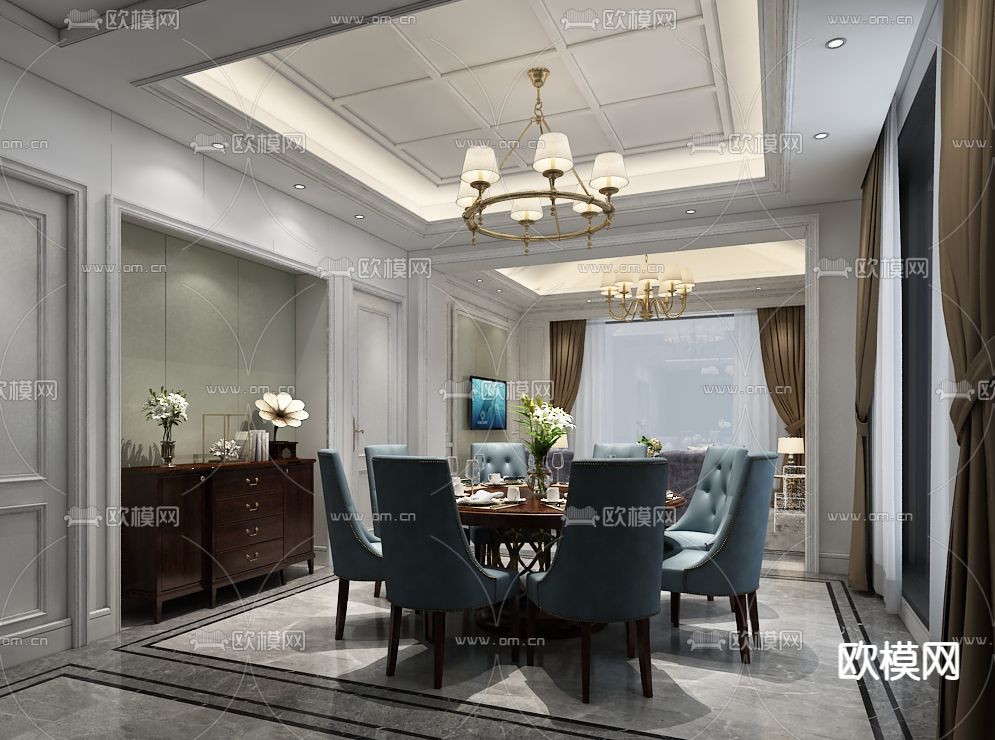 简欧客餐厅免费3d模型下载（渲染图2）