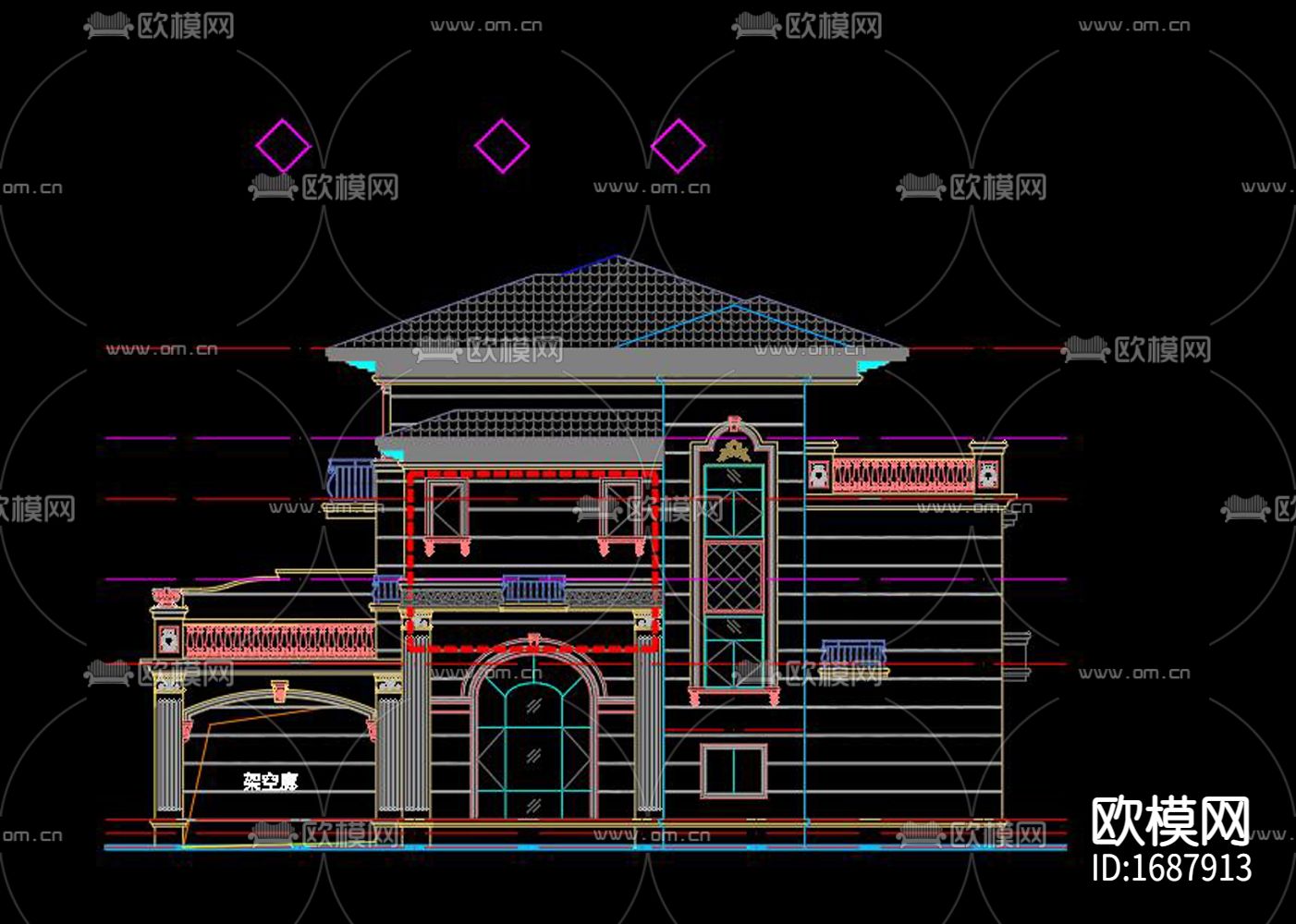 欧式别墅cad建筑图下载（渲染图1）